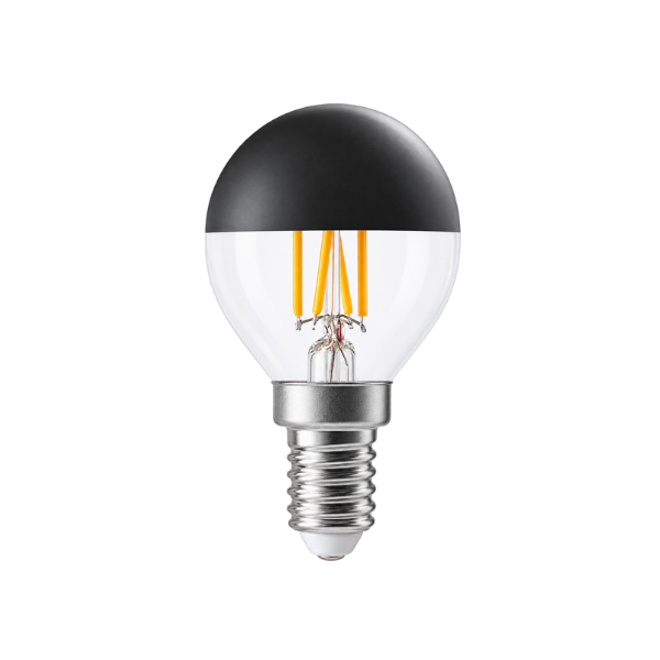 g45-half-chrome-clear-e14 G45 half chrome silver top LED filament bulb, E14 base