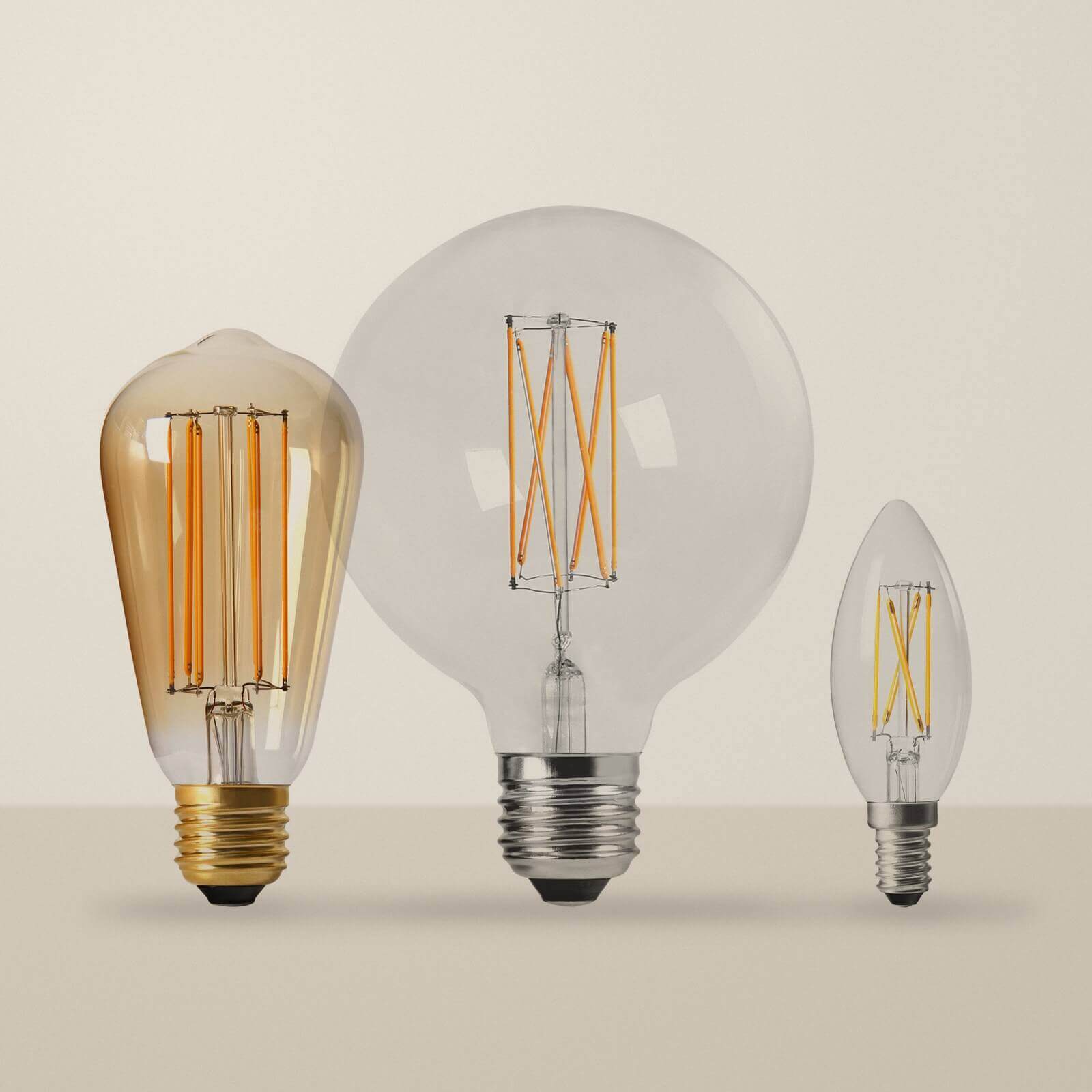 LED filament bulbs – amber ST64 Edison, clear G125 globe and C35 candle bulb by Luxray Lighting